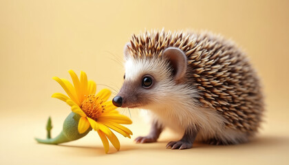 Fototapeta premium Cute hedgehog sniffs yellow flower. Soft spines, focused on the flower. Adorable animal, nature, wildlife, spring season vibes. Charming little mammal, beautiful floral aroma.