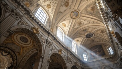 Obraz premium Ornate Church Interior Angled view of arches, sunlit ceiling, architectural, Baroque, ,golden details