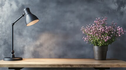 Wooden desk with lamp, flowers, and textured wall.