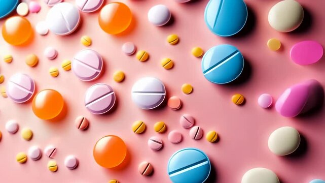 Colorful pills and capsules falling on pink surface in vibrant display. World Contraception Day