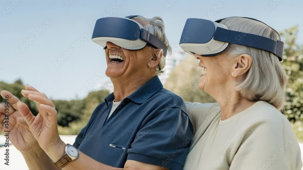 Poster a closeup of an elderly couple smiling and laughing together while participating in a virtual tai ch