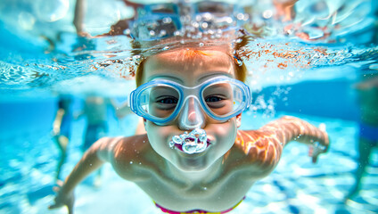 Child's underwater perspective: Girl in goggles swims towards camera in blue pool, bubbles rising. Aquatic exploration, immersive learning experience concept. 