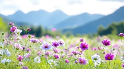 Fototapeta premium Vibrant cosmos flowers field against mountains