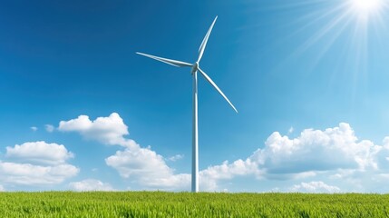 Fototapeta premium A modern wind turbine stands tall in a field of vibrant green grass under a vibrant blue sky dotted with fluffy white clouds. Sunlight shines brightly