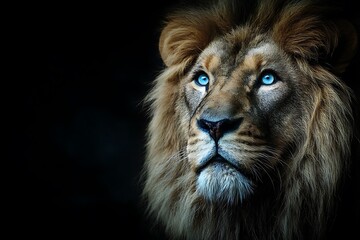 Fototapeta premium Lion with bold blue eyes in dark illuminated scene 