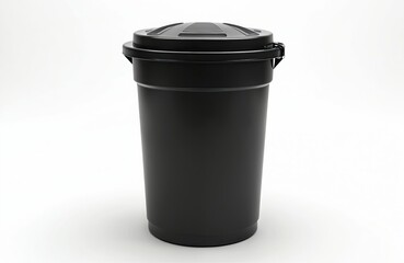 Black garbage bin isolated on white background. Plastic trash with lid for waste disposal. Household item for home office to store rubbish for recycling. Eco-friendly concept of waste management,