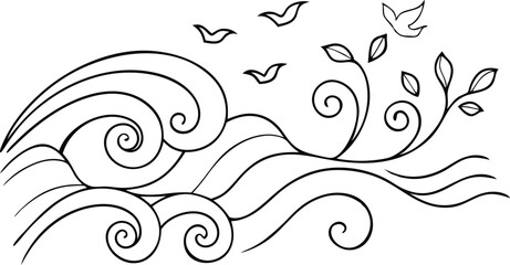 Fototapeta premium Elegant Swirls Waves Twirls Floral Black And White Design With Birds Flying
