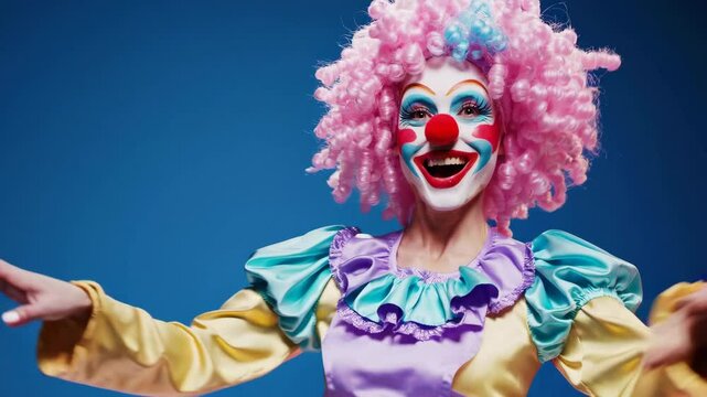 Vibrant clown dancing joyously in colorful costume against blue background