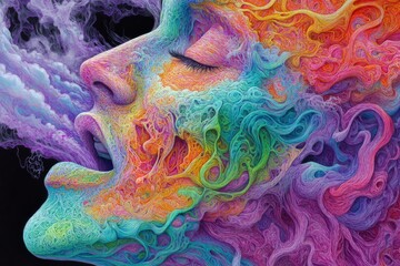 Dreamlike face surrounded by swirling rainbow hues and vaporous smoke