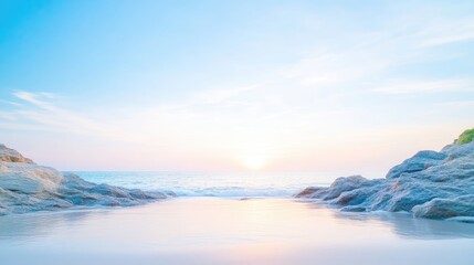 Ocean Sunset Cove Calm Waters Serene Pastel Style High-Definition Soft Lighting Wide Landscape View Gentle Waves Tranquil Scene Coastal Background Peaceful Blues Travel Promotion
