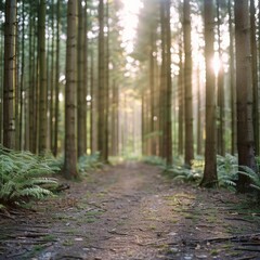 A serene forest path with tall trees and sunlight filtering through, creating a peaceful and inviting atmosphere.