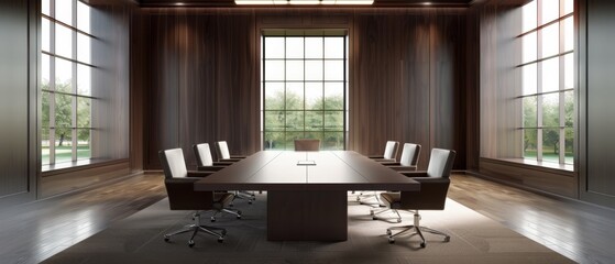 A modern conference room with a large table, ergonomic chairs, and large windows offering a view of greenery outside.