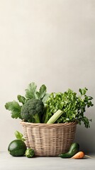 A basket filled with fresh vegetables like broccoli, celery, and zucchini, showcasing vibrant greens against a neutral background.