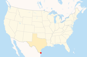 Location Map of the city Brownsville in Texas, USA. The state is marked orange and the city is highlighted with a red dot. No labels at all.