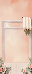 A pastel-colored background featuring a window with a striped awning and floral details, creating a serene and inviting atmosphere.