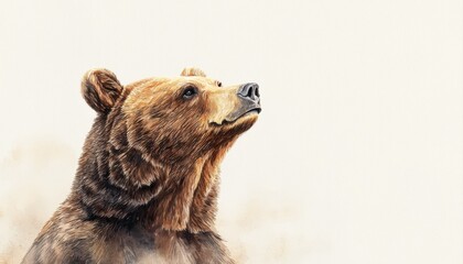 Fototapeta premium A detailed illustration of a bear looking up, showcasing its expressive features and the texture of its fur against a soft, neutral background.
