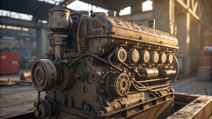 Rusty Engine Close-up, Industrial Backdrop, Golden Hour, vintage, machine