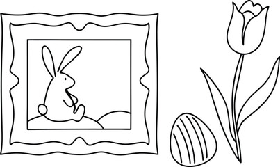Naklejka premium Easter Bunny In Frame With Tulip And Egg Outlines For Coloring Pages