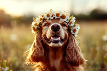 Warm season happiness. Soft daylight. Cute adult dog cocker spaniel wearing free flower crown on its head. Dog surrounded by flowers. Cute pup with a flower crown. Smiling little pet explorer.