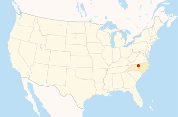 Location Map of the city Burlington in North Carolina, USA. The state is marked orange and the city is highlighted with a red dot. No labels at all.