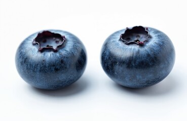 Obraz premium Two ripe blueberries isolated against white background. Healthy fresh organic berries. Blueberries are popular ingredients for baking, smoothies, juices. Close up view on food, sweet dessert.