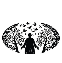 Silhouette of Inner Harmony: A silhouette captures the essence of inner peace and spiritual awakening. This artistic composition portrays a person, arms outstretched.