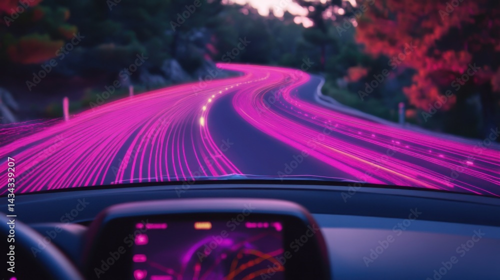 Poster car navigation gps signal lost on a dashboard display while driving on a curvy road