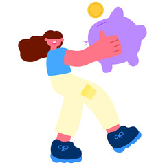 Happy woman holding a piggy bank while walking, symbolizing personal savings, financial responsibility, and money management flat vector illustration