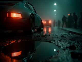 Retro Car in Misty City Night, Vintage Vehicle on Wet Road