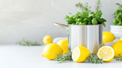 Fototapeta premium Fresh herbs and lemons on a kitchen counter