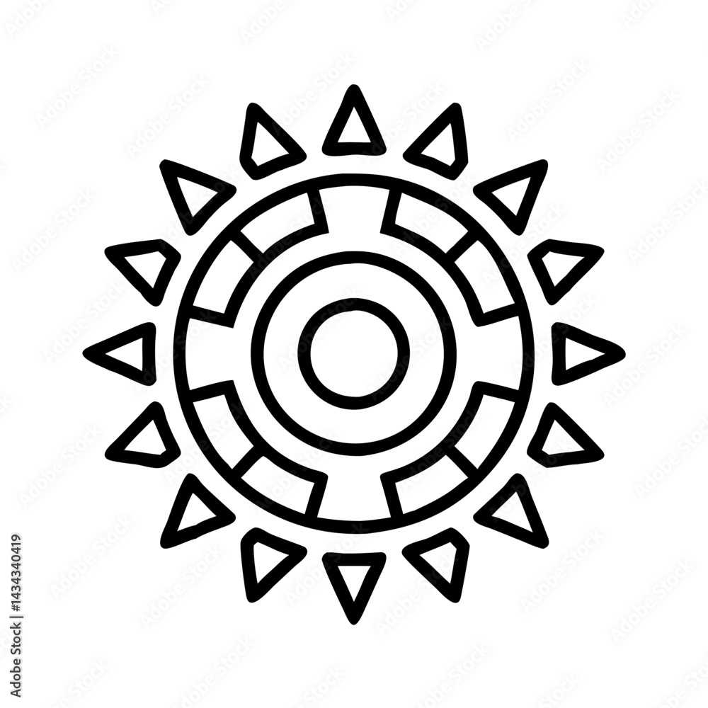 Poster sun vector graphic design with triangle rays and circular maze for summer theme projects