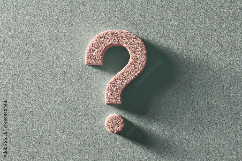 Aufkleber peach-colored textured question mark on green background, casting shadow. represents inquiry, uncert