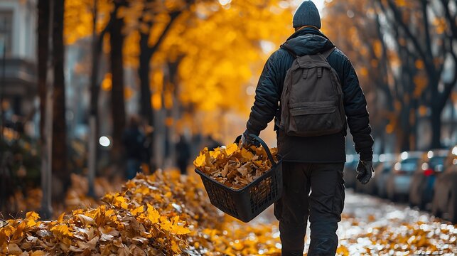 Man carrying autumn leaves, city street, background blur
