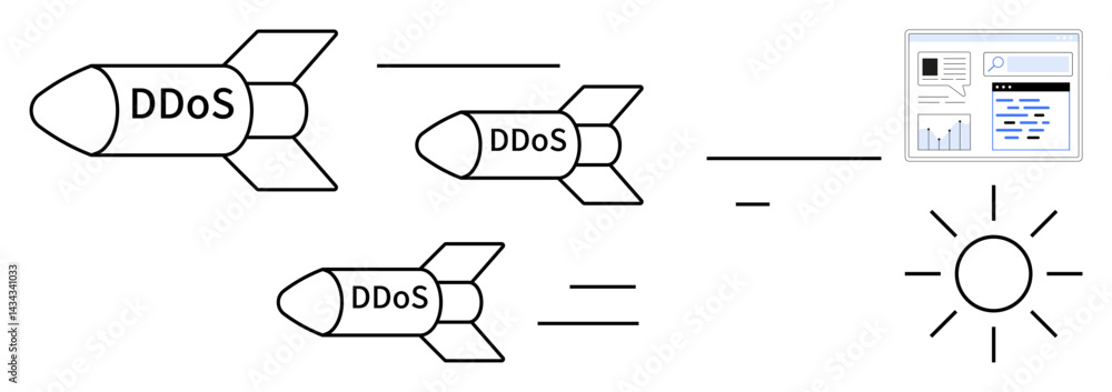 Aufkleber missiles labeled ddos heading towards data or web interface, representing cyber attacks. ideal for c