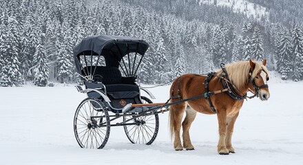 Horse drawn carriage in snowy winter landscape