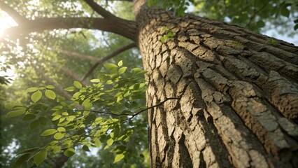 Fototapeta premium Sunlit Canopy Low Angle Tree Trunk and Young Leaves