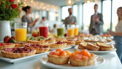 Buffet display with pastries, fruits juices. Food catering at event. Raspberry, peach, strawberry tarts with people in background. Hotel brunch table. Bright, modern setting for meal.
