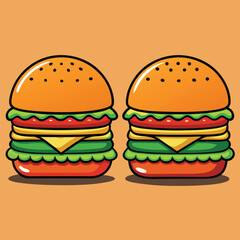 Two Delicious Cartoon Burgers on Orange Background