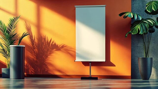 Elegant blank rollup banner stand mockup in modern office interior