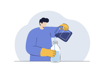 Man pours liquid into a glass bottle. Clean, modern illustration. Suitable for concepts like science, chemistry, or DIY projects. Blue and white color scheme.