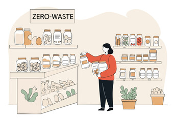A woman shops at a zero-waste store, filling jars with bulk goods. Illustration showcases sustainable living, eco-friendly choices, and a minimalist aesthetic.