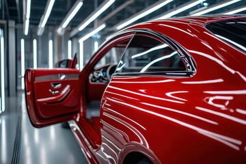 A premium red vehicle in a body shop stripped of its doors for a new paint job High resolution image