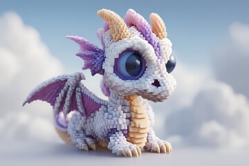 Fototapeta premium A pixel art dragon with adorable big eyes, ed in soft fantasy colors and a dreamy texture, created in Blender.