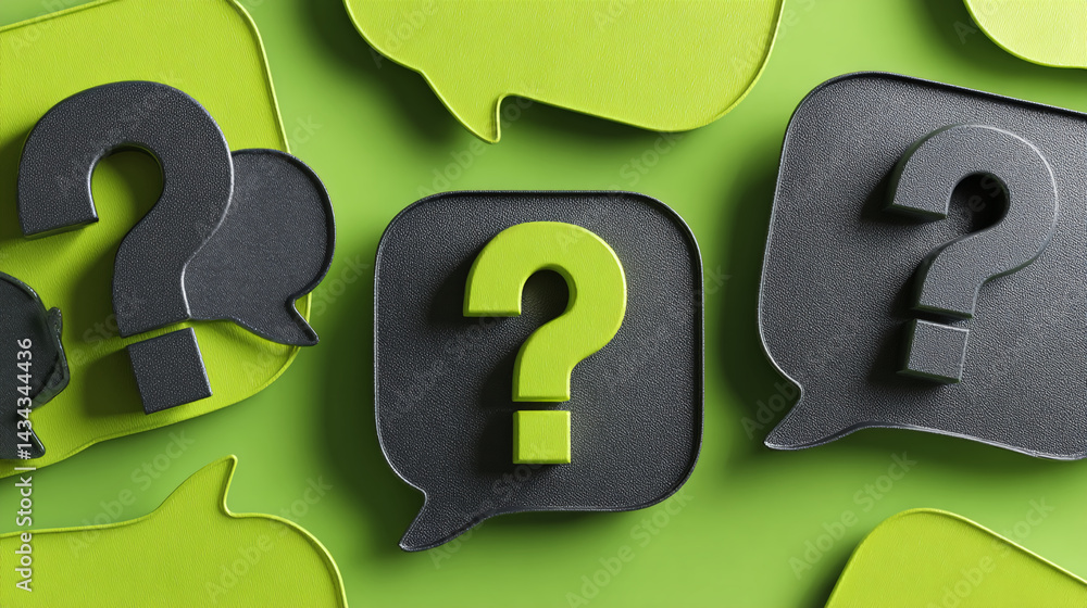 Aufkleber green and black question marks in speech bubbles on green background, representing questions, inquir