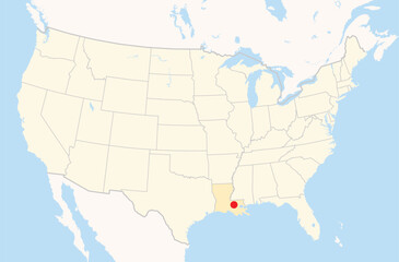 Obraz premium Location Map of the city Baton Rouge in Louisiana, USA. The state is marked orange and the city is highlighted with a red dot. No labels at all.