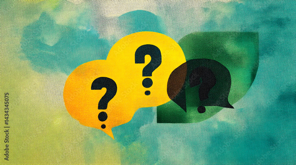 Poster Abstract image featuring yellow and green speech bubbles with question marks, set against a textured teal background, symbolizing inquiry, dialogue, and problem-solving