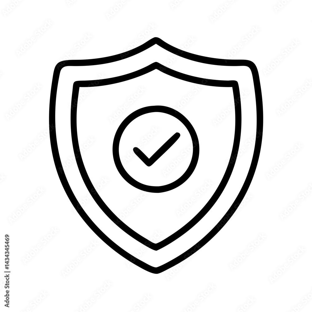 Poster secure shield check mark vector icon for safety protection and verified approval outline design