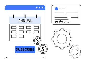 Annual subscription form with calendar design, payment icons, social media engagement card, and gears. Ideal for subscription services, payment systems, user engagement, social metrics, app
