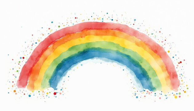 Watercolor painting of colorful rainbow isolated on white. Abstract design with paint splashes, vibrant arc represents hope, peace, diversity. Illustration for kids, weather, spring, summer concepts.