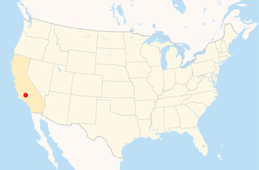 Location Map of the city Bakersfield in California, USA. The state is marked orange and the city is highlighted with a red dot. No labels at all.